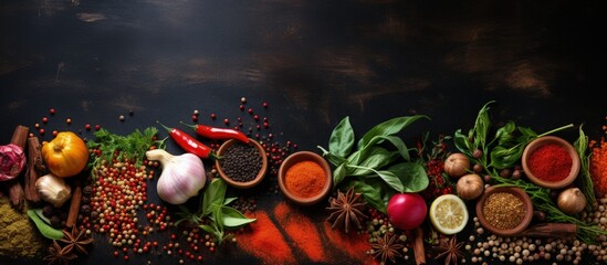 High quality photo of herbs and spices for cooking on a dark background with copy space for a mock up banner