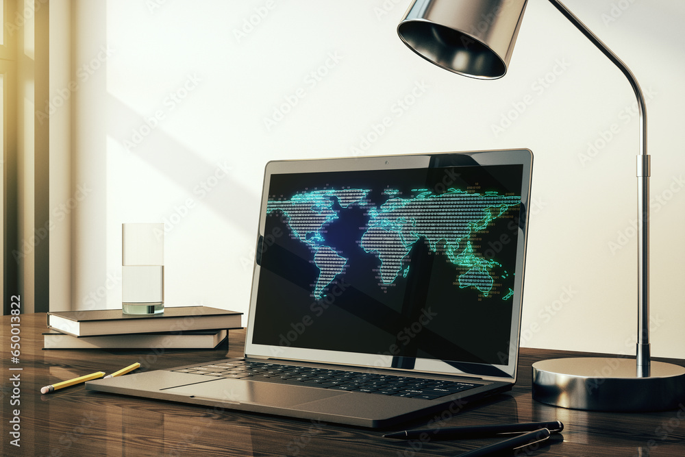 Poster abstract creative digital world map on modern laptop monitor, tourism and traveling concept. 3d rend