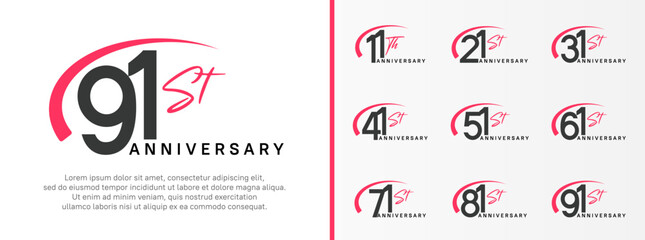 set of anniversary logo black color number and pink swoosh on white background for celebration
