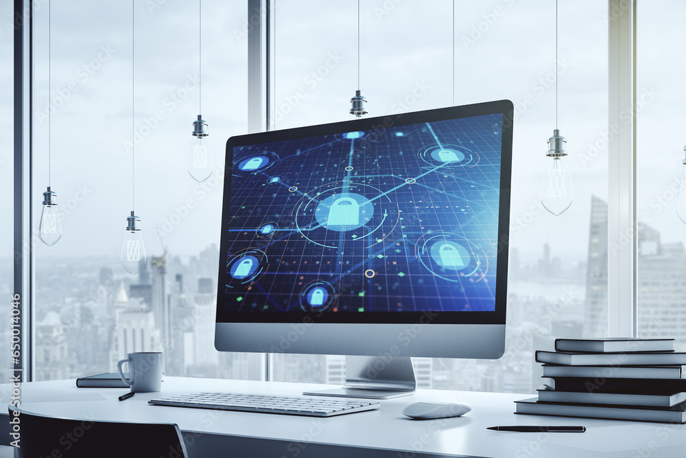 Poster Creative idea concept with lock symbol and microcircuit illustration on modern laptop screen. Protection and firewall concept. 3D Rendering