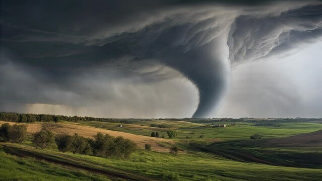A massive tornado approaches a countryside setting, amidst undulating terrain, beneath foreboding stormy skies. Its swirling vortex foreshadows impending destruction