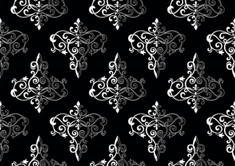 Wallpaper in the style of Baroque. Seamless vector background. White and black floral ornament. Graphic pattern for fabric, wallpaper, packaging. Ornate Damask flower ornament