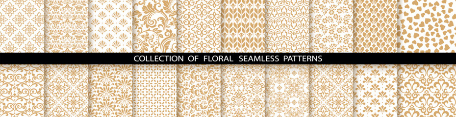Geometric floral set of seamless patterns. White and gold vector backgrounds. Damask graphic ornaments