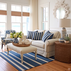  Nautical coastal living room blue sofa striped rug
