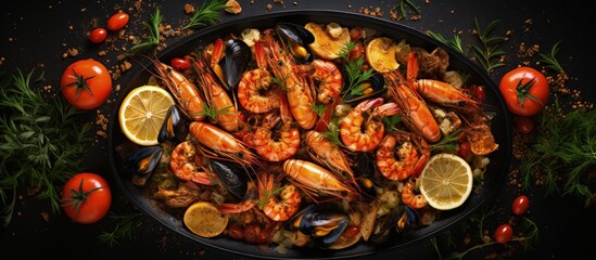 Top view of assorted grilled seafood shrimp mussels and shellfish cooked in a pan with white wine