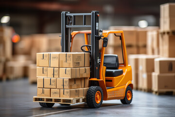 forklift lifting goods and cartons with blurred warehouse background logistic concepts
