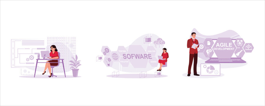 Program development concept. Software development. Agile software development. Software developers concept. Set Trend Modern vector flat illustration
