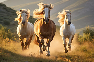 Three wild horses running in mountains