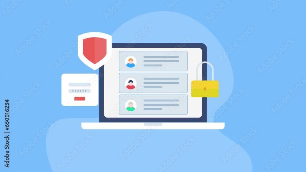 Poster user information on laptop screen, online data protection with cybersecurity system, encrypted softw