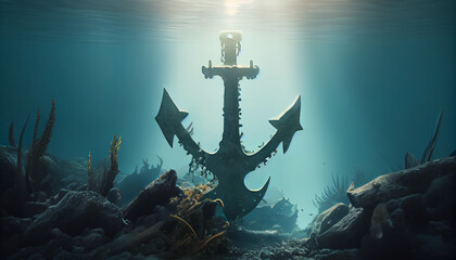 Illustration of big old iron anchor underwater, Anchor on the sea and sunlight, clean isolated and minimalism natural background, Ai generated image 