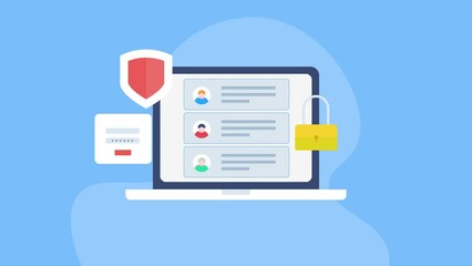 User information on laptop screen, online data protection with cybersecurity system, encrypted software for secure login access, shield and lock digital privacy safety technology concept.