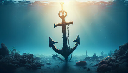 Illustration of big old iron anchor underwater, Anchor on the sea and sunlight, clean isolated and minimalism natural background, Ai generated image 