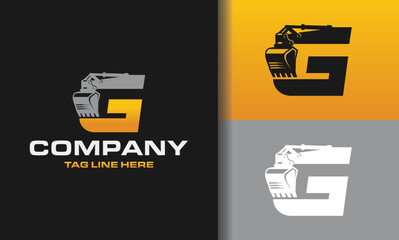 Letter G excavator logo template vector. Heavy equipment logo vector for construction company. Creative excavator illustration for logo template.