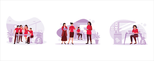 Business people gather happily. Happy women working together Smiling Stylish Beautiful Manager. Office work concept. Set Trend Modern vector flat illustration