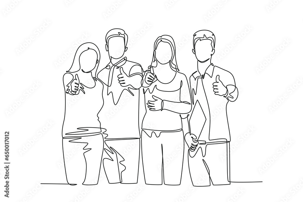 Poster single continuous line drawing group of happy college students giving thumbs up gesture after studyi