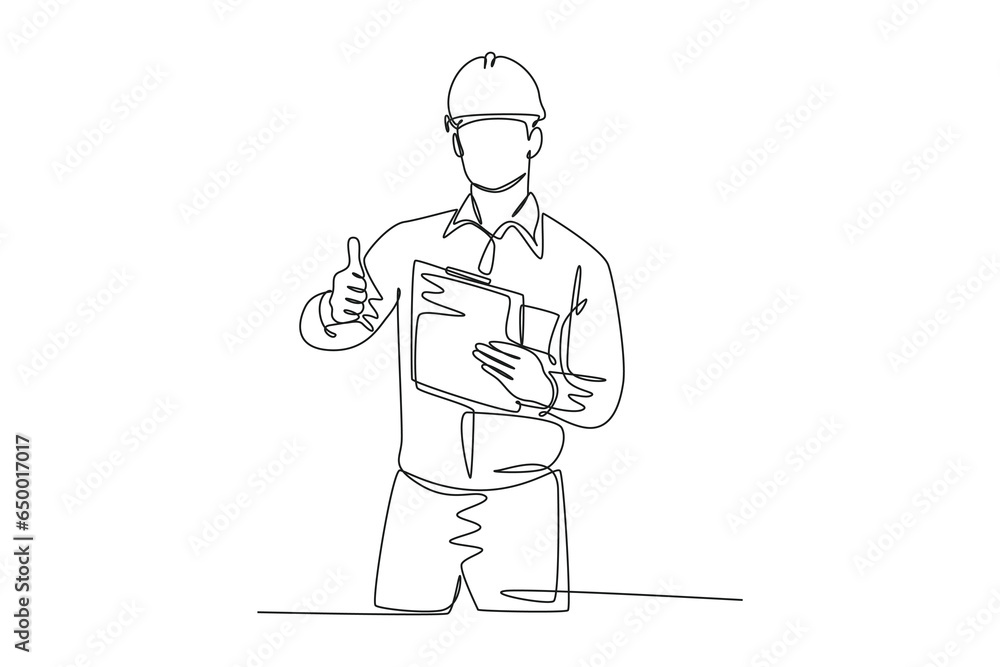 Poster single continuous line drawing young construction worker foreman carrying clipboard and giving thumb