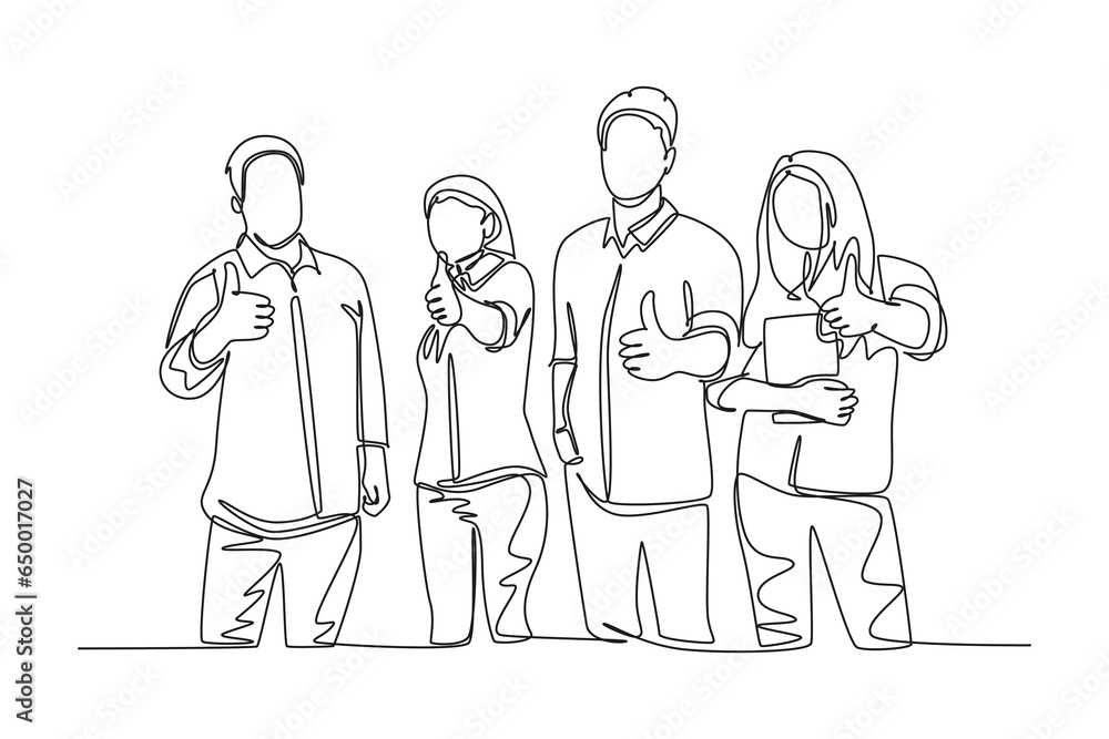 Poster single continuous line drawing group of happy college students giving thumbs up gesture after studyi