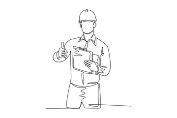 Single continuous line drawing young construction worker foreman carrying clipboard and giving thumbs up gesture. Building constructor concept. Dynamic one line draw graphic design vector illustration - obrazy, fototapety, plakaty