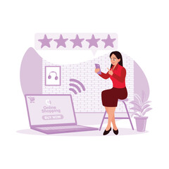 A woman checks ratings in online stores before choosing and buying goods. Digital Shopping concept. Trend Modern vector flat illustration
