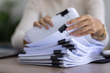 Business Documents, Auditor businesswoman checking searching document legal prepare paperwork or...