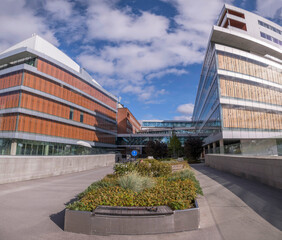 Modern school buildings at the Karolinska University Hospital, in Stockholm an autumn day