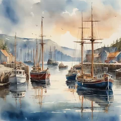Fotobehang boats in the old harbour watercolor ai generative painting  © Tinna