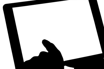 Digital png silhouette of hand pointing on tablet with copy space on transparent background