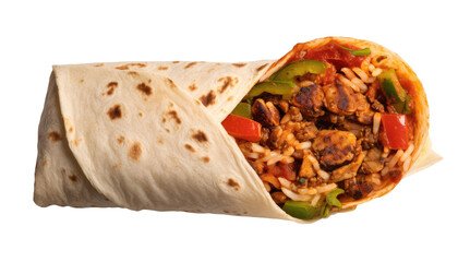 Mexican burrito isolated on transparent background, top view