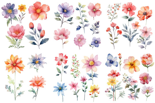 Watercolor floral package collection. Use by fabric, fashion, wedding invitation, template, poster, romance, greeting, spring, bouquet, pattern, decoration and textile.	