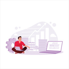 A businessman working with a laptop computer looking at market trading charts. Company concept. Trend Modern vector flat illustration