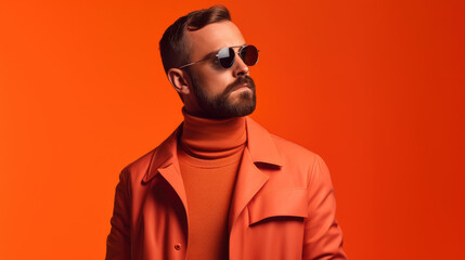 Fototapeta premium Handsome male model standing against orange background