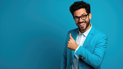 A man with black glasses  in Business Attire Giving positive gesture a Thumbs Up Against a Blue Backdrop