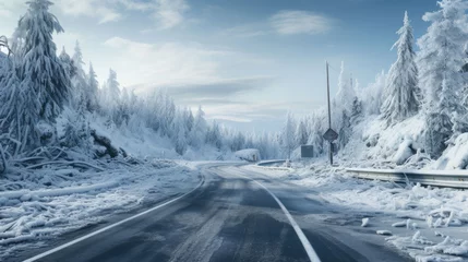 Fotobehang Frozen road in winter with lots of snow © jr-art