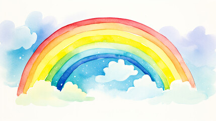 かわいい虹と雲の水彩イラスト - obrazy, fototapety, plakaty