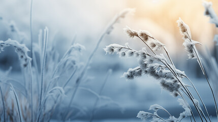 Winter atmospheric landscape with frost-covered plants during snowfall. Winter, Christmas background