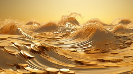 Gold coin money wave crypto sea concept finance metaverse business digital advertising. 3D coin money currency gold rich fee golden cash exchange online futuristic pay profit technology. Generative AI - obrazy, fototapety, plakaty