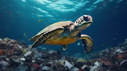 Fototapeta premium A sorrowful sea turtle swims amidst human waste, painting a poignant plea for ecology and environmental care, accentuated by Generative AI.