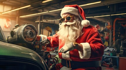 Santa Claus trades his toy workshop for an auto mechanic's garage, skillfully tuning up cars and showcasing a different set of talents. Generative AI. - obrazy, fototapety, plakaty
