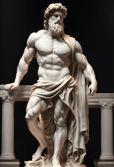 Fototapeta na wymiar A Statue from a muscular Greek god Statue with a wavey middel Parting Hair out of white Marbel with a black backround Standing on a podest animeted style 8k