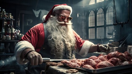 Santa Claus, usually known for gift-giving, expertly preps meat for a festive barbecue, showing a surprising culinary side to his talents. Generative AI.