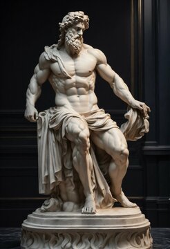 A Statue from a muscular Greek god Statue with a wavey middel Parting Hair out of white Marbel with a black backround Standing on a podest animeted style 8k