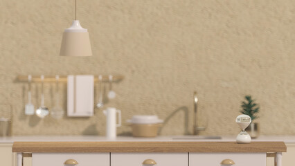Modern luxury white and beige kitchen tabletop with decors and copy space for montage your product display over blurred modern kitchen space in the background. 3d rendering, 3d illustration
