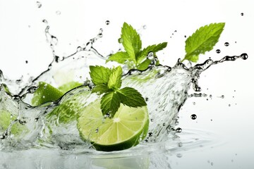 Mojito cocktail with lime and mint splashing on white background. Summer refreshing drink 