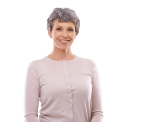 Happiness, portrait and mature woman relax, confident and smile for retirement, elderly care or senior wellness. Casual, beautiful and happy old person isolated on a transparent, png background