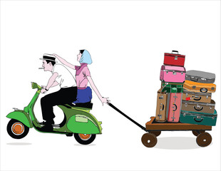 Man and women on scooter pulling luggage on cart going for vacation. Vintage couples on scooter. Vacations vibe.