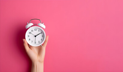Female hand holding alarm clock on pink background, copy space, time management concept photo . generative ai