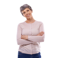 Portrait, smile and mature woman with arms crossed isolated on a transparent png background. Happy...