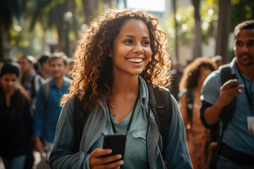 Woman is pictured smiling while looking at her cell phone. This image can be used to depict happiness, modern technology, communication, or social media usage.