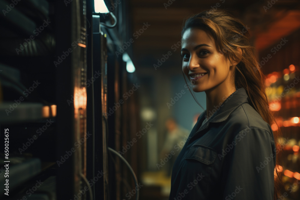 Poster woman standing in front of rack of racks. this versatile image can be used to represent organization