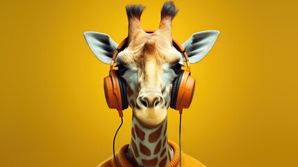Fototapety   a giraffe with headphones on its neck and a yellow background.  generative ai